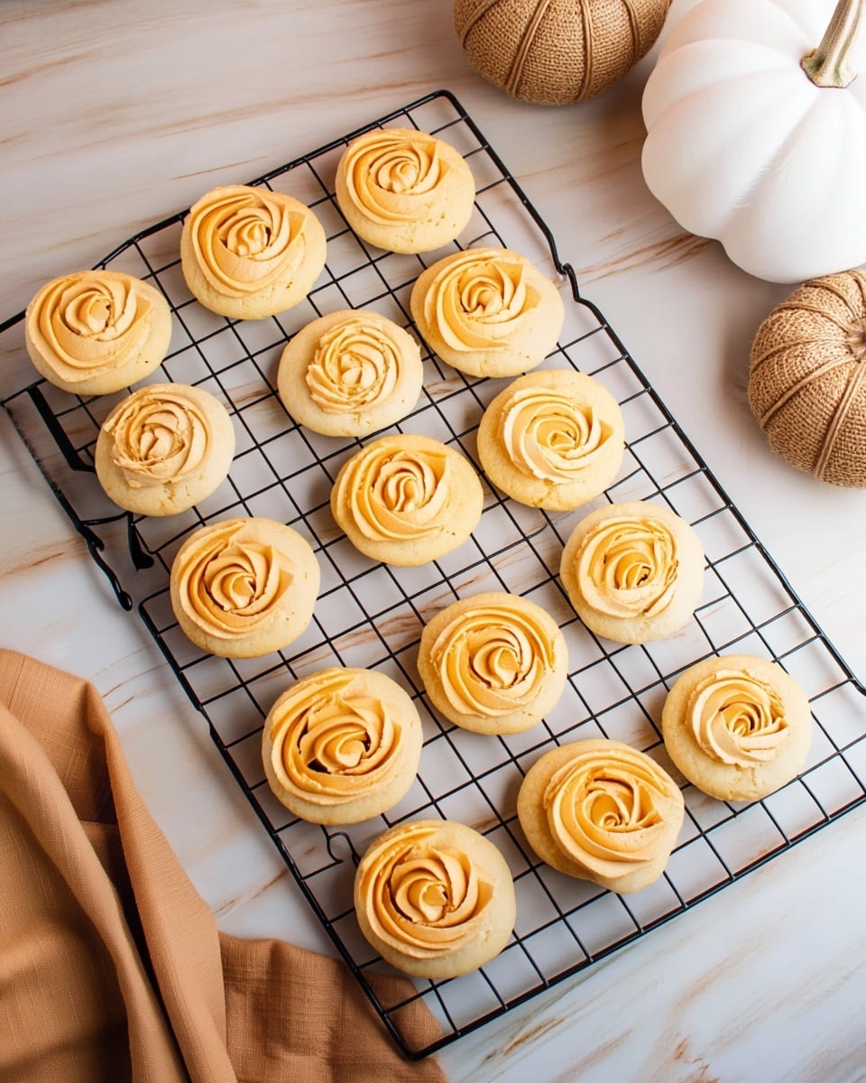 A cooling rack holds about 15 round cookies arranged in rows. Each cookie has two layers: a smooth, flat, light beige base and a top layer of creamy frosting piped in a rose shape with swirls, colored a soft orange-beige. The cooling rack is black and is placed on a white marbled surface with warm brown veining. A white pumpkin is visible in the top right corner, and a tan cloth is draped in the bottom left corner. photo taken with an iphone --ar 4:5 --v 7