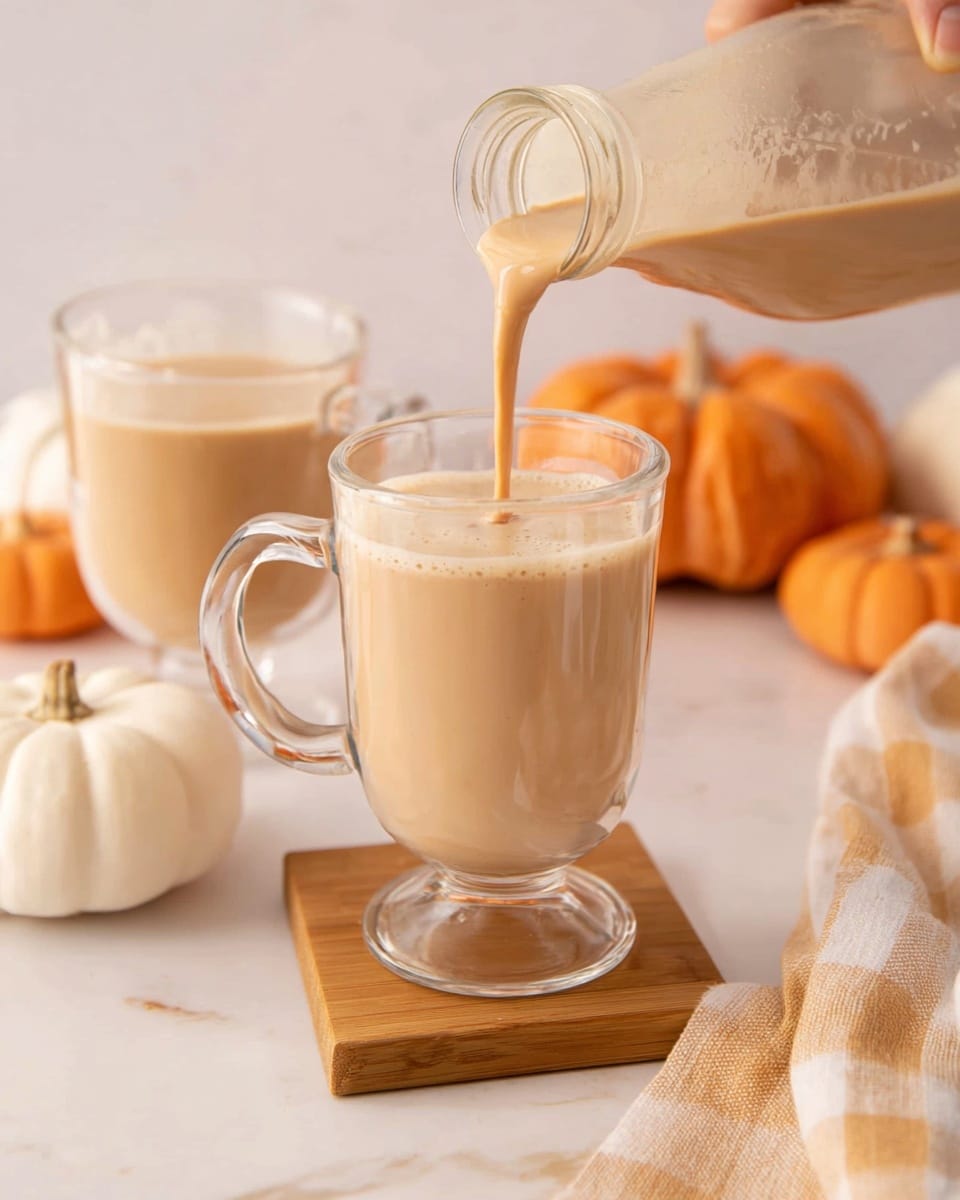 A clear glass cup with a handle sits on a wooden square coaster on a white marbled surface, filled with a creamy light brown drink. A woman's hand is seen pouring more of the same drink from a glass bottle into the cup, with the liquid flowing smoothly. In the background, there is another glass cup with the same drink and some small orange and white pumpkins, along with a beige and white checkered cloth partially visible at the bottom right corner, all set on a white marbled texture. photo taken with an iphone --ar 4:5 --v 7