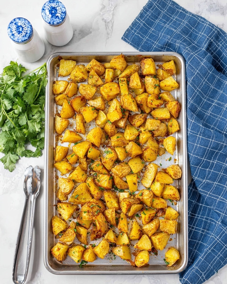 A shiny silver baking tray filled with one layer of golden brown roasted potato chunks that have slightly crispy edges and a soft, textured surface sprinkled with bits of green herbs. The tray is placed on a white marbled surface with a pair of silver tongs at the bottom left. A bunch of fresh green leaves, possibly cilantro, lies just below the tray, while two white salt and pepper shakers with blue designs stand at the top left, and a blue cloth with white grid lines is folded on the top right. The whole setting is bright and clean. photo taken with an iphone --ar 4:5 --v 7