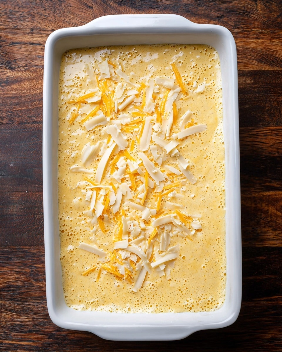 A white rectangular dish filled with a thick, light yellow batter that has a frothy texture and small bubbles on the surface, topped with scattered shreds of white and orange cheese giving a mix of creamy and bright colors. The dish rests on a dark wooden surface replaced with a white marbled texture. The cheese pieces are unevenly spread, adding a rough texture contrast to the smooth batter photo taken with an iphone --ar 4:5 --v 7