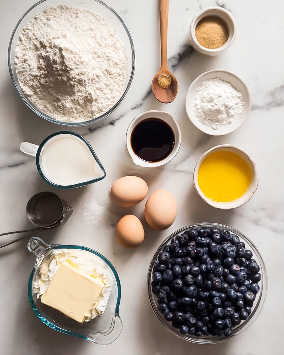 A top view photo shows various cooking ingredients laid out on a white marbled surface. Starting at the bottom center, there is one large transparent bowl filled with white flour. To the right of it, two whole light brown eggs and a small white bowl with bright yellow melted butter are placed side by side. Above the eggs, a tiny white bowl contains a white powder, possibly baking powder, while a wooden spoon next to it holds more white powder. Directly above the spoon, a small white pitcher is filled with a dark brown liquid, likely vanilla extract. Above the butter and to the left, a small light beige bowl holds light brown sugar. Next to it, a small square cut of pale yellow butter rests on the surface. In the center, a clear bowl is overflowing with round dark blue blueberries. To the left of that, a silver measuring cup is packed with white cream cheese. Finally, at the bottom left, a glass measuring cup holds white milk. The ingredients are arranged neatly and the photo has soft natural lighting, photo taken with an iphone --ar 4:5 --v 7