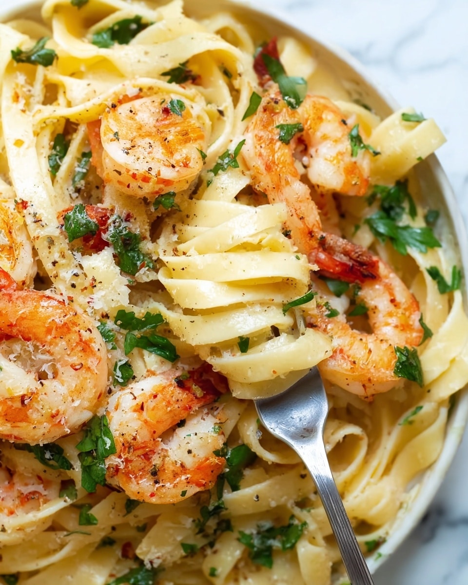 A close-up image shows a white plate filled with a pasta dish. The base layer is fettuccine pasta, pale yellow with a smooth texture, piled in the center and around the plate. On top, there are several cooked shrimp with a curled shape, orange and white with a slight char. Green parsley leaves are scattered throughout, adding a fresh touch. Some black pepper and grated cheese are sprinkled lightly over the dish. A silver fork is twirled with pasta in the middle of the image. The background has a white marbled surface. photo taken with an iphone --ar 4:5 --v 7