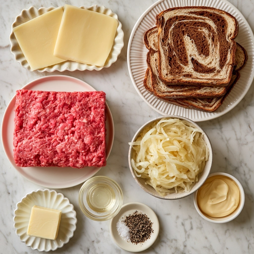The image shows ingredients for a patty melt arranged on a white marbled surface. There are three slices of brown and beige swirled rye bread stacked on a white plate with a ribbed edge at the top right. Below it, a bowl with light-colored, thinly sliced onions sits next to a small white bowl of pale yellow mayonnaise. To the left of the onions is a white plate holding a large block of bright pink ground chuck meat with visible texture. Above the meat, two slices of pale yellow cheese labeled as provolone and Emmental lie on a white fluted dish. A small scalloped white dish with a square piece of pale yellow butter rests near the bottom left. Next to it is a clear glass bowl containing a pale cooking oil. At the bottom center, a round white dish holds a mix of black and white salt and pepper. Each ingredient is clearly separated and placed neatly in its own bowl or plate. Photo taken with an iphone --ar 4:5 --v 7