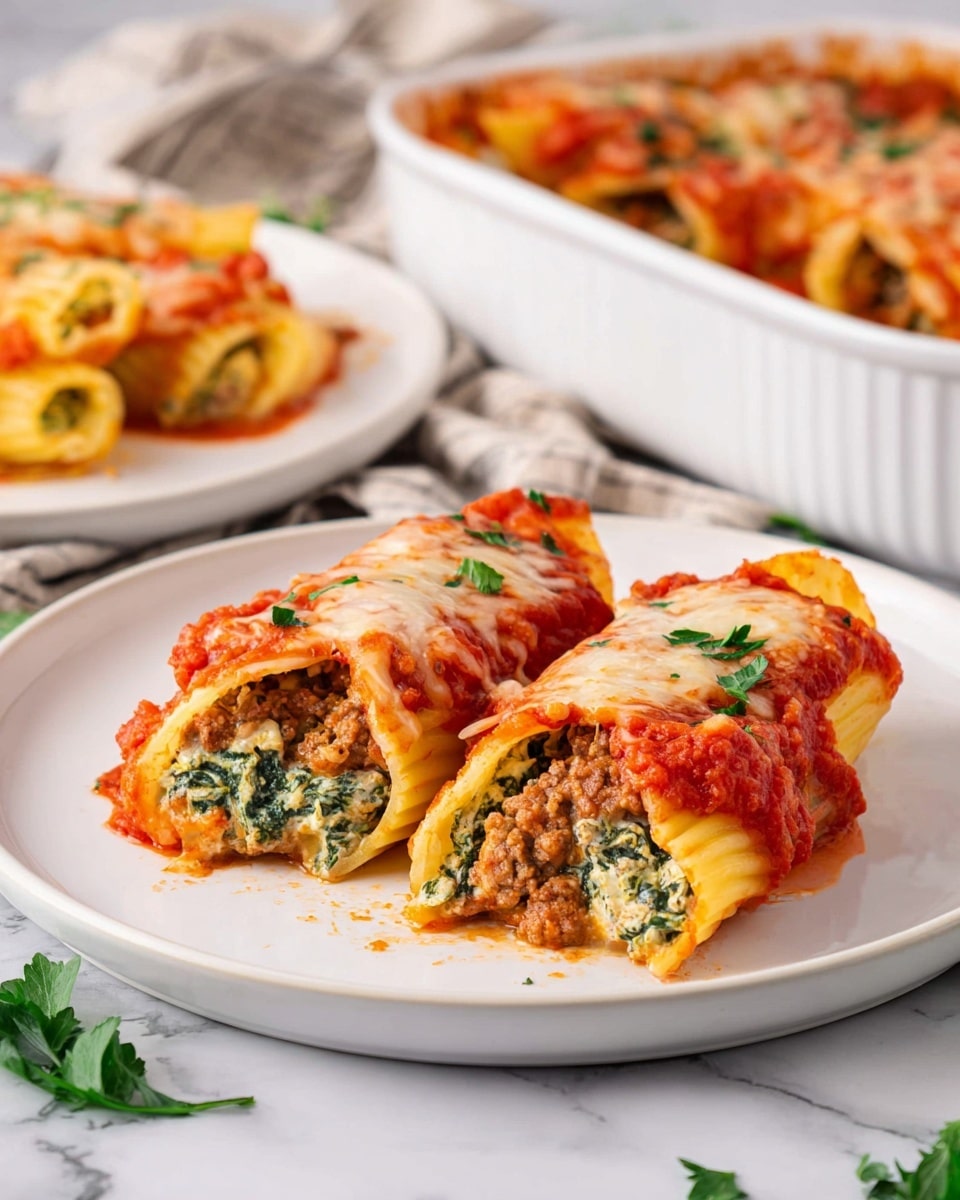 Three rolled pasta tubes are filled with a textured mixture of white cheese and green spinach, lying side by side on a white plate. Each pasta roll is covered with bright red tomato sauce that has a slightly chunky texture and topped with melted white cheese that spreads unevenly over the tomato sauce. Small green herb pieces are sprinkled on top, adding a fresh look. The plate rests on a wooden surface with a soft focus hint of green herbs in the back. photo taken with an iphone --ar 4:5 --v 7