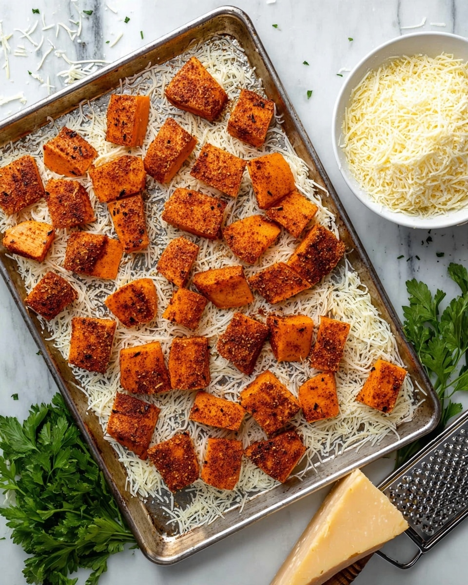The image shows a metal baking tray with pieces of orange sweet potato chunks, seasoned with a dark spice rub, laid out on a bed of finely shredded white cheese. Each piece is roughly rectangular or wedge-shaped, spaced evenly on the cheese layer that covers the entire tray. To the right of the tray, there is a white bowl filled with more shredded cheese, a piece of a large block of cheese resting on a metal grater with a wooden handle. The background is a white marbled surface with some green leafy parsley placed around for decoration. photo taken with an iphone --ar 4:5 --v 7