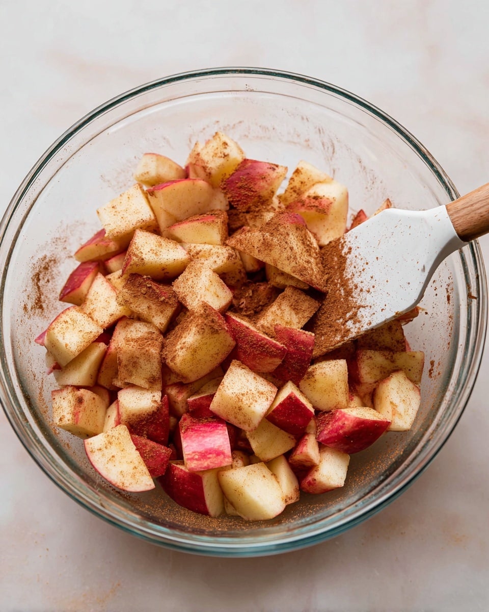 A clear glass bowl filled with two layers of chopped apples, all coated evenly with a light brown cinnamon powder. The apples have red skin and pale yellow flesh, and the pieces are roughly chopped into cubes and wedges. A white spatula with a wooden handle rests inside the bowl, partially covered with cinnamon dust. The bowl is placed on a white marbled surface, and the texture of the cinnamon is visible on the apple pieces and inside the bowl. photo taken with an iphone --ar 4:5 --v 7