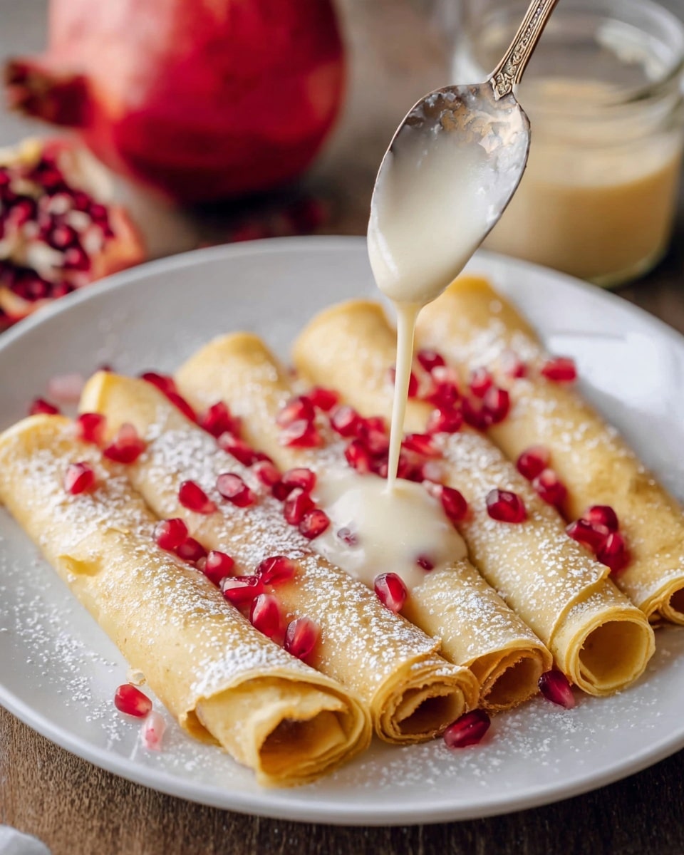 A white plate holds six rolled golden crepes lined up side by side, each crepe smooth and thin with soft folds at the edges. The crepes are lightly dusted with white powdered sugar and topped with bright red, glossy pomegranate seeds scattered unevenly across them. A spoon is held above the crepes by a woman's hand, pouring a pale creamy sauce that drips slowly onto the crepes, adding a smooth, glossy layer. In the background, there is a whole red pomegranate and a jar of the same creamy sauce, all set on a white marbled surface. photo taken with an iphone --ar 4:5 --v 7