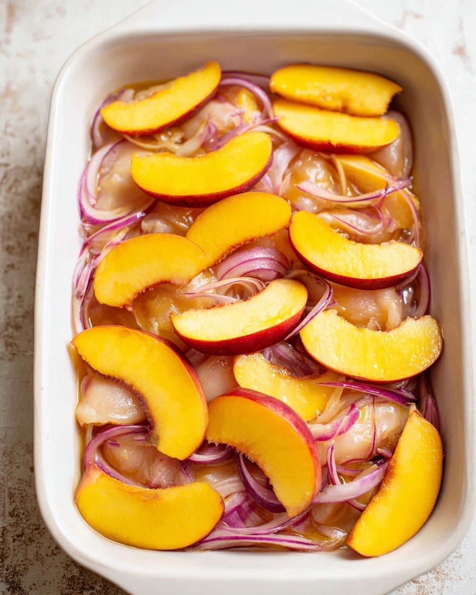 A white ceramic baking dish filled with raw chicken pieces at the bottom layer, covered with thin slices of red onion scattered evenly, and topped with thick, bright yellow peach slices with some red blush on the edges, arranged loosely across the top. The dish sits on a white marbled surface, showing a vibrant mix of yellow, light purple, and soft beige colors. The lighting highlights the shiny, moist texture of the chicken and the smooth, juicy look of the peach wedges. photo taken with an iphone --ar 4:5 --v 7