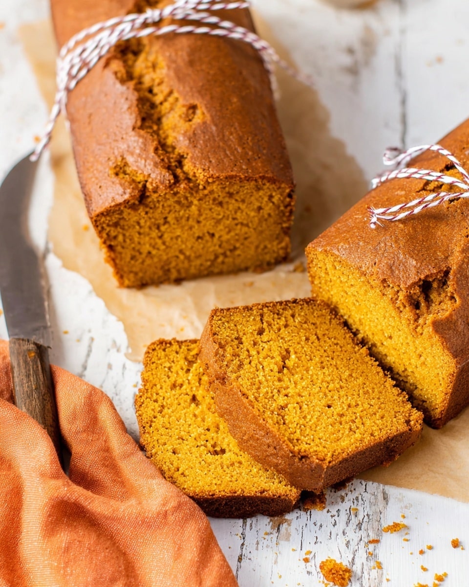 A single golden brown loaf of pumpkin bread with a lightly cracked top sits on a wire cooling rack over an orange textured cloth, placed on a white marbled surface. In the background, two more pumpkin bread loaves remain in beige baking pans. Nearby to the right, there is a white plate with orange decorative patterns and two forks on it. White decorative pumpkins are seen softly out of focus in the back, adding a cozy fall feel. photo taken with an iphone --ar 4:5 --v 7
