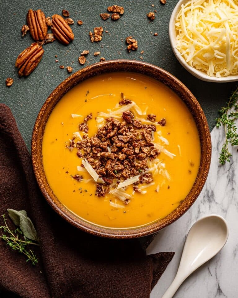 Apple Cheddar Sweet Potato Soup with Cinnamon Pecan Topping Recipe