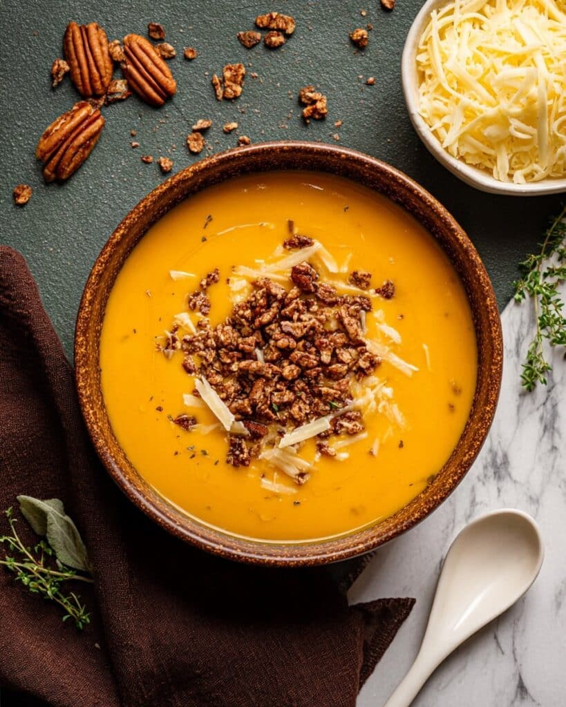 Apple Cheddar Sweet Potato Soup with Cinnamon Pecan Topping Recipe