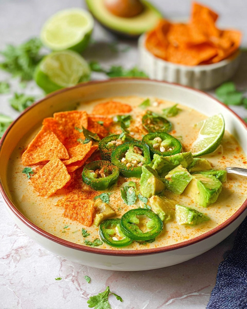 A bowl filled with creamy soup has three main layers: on the bottom, the light beige creamy broth; on top, there are bright orange triangular chips scattered to the left, fresh green sliced jalapeño peppers in the middle, and chunks of light green avocado on the right with some fresh green cilantro leaves resting nearby; a small wedge of lime with a yellow-green color sits near the center, adding a fresh detail. The white marbled surface underneath shows a blurred halved avocado, lime wedges, and a white bowl with orange chips in the background, creating a fresh and colorful setting. The bowl is white with a thin reddish-brown rim around the edge. Photo taken with an iphone --ar 4:5 --v 7
