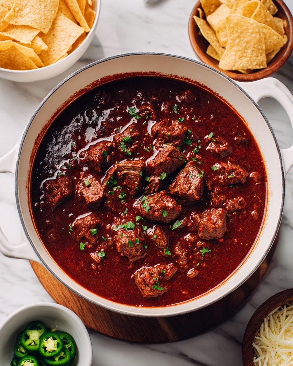 A white pot filled with thick, dark red chili with chunks of tender meat and small green herb pieces on top. The chili has a rich, textured surface with sauce marks around the sides of the pot. Around the pot, there is a wooden board with a small white bowl of dark green sliced jalapeños, a wooden bowl filled with light and dark tortilla chips, and a bowl of white chopped onions with some scattered shredded cheese. The background is a white marbled texture. photo taken with an iphone --ar 4:5 --v 7