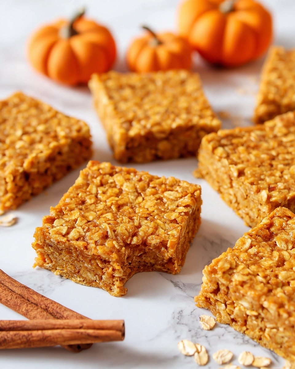 The image shows several square oat bars arranged on a white marbled surface, each bar having a golden-brown color with visible oats and a slightly textured, chewy appearance, one bar in the center has a small bite taken from its corner. Around the bars, there are small decorative miniature pumpkins in a soft orange color and some cinnamon sticks lying flat, adding a cozy autumn feel to the scene. The bars are stacked as a single layer without any extra toppings or layers. Photo taken with an iphone --ar 4:5 --v 7