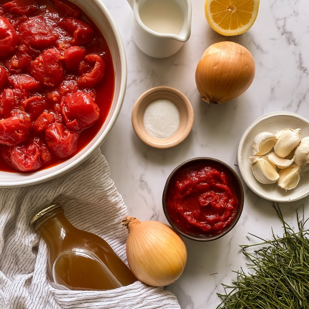 The image shows a top-down view of cooking ingredients neatly arranged on a white marbled surface. On the left is a white bowl filled with chunky red canned tomatoes in sauce. Below that is a glass jar with light brown veggie broth and a white and blue striped cloth peeking out. Toward the center is a small beige bowl containing white baking soda. Next to it is a halved bright yellow lemon and a pale white small pitcher with cream. On the right side, two round white plates hold garlic cloves and bulb. At the bottom center is a small dark bowl filled with deep red tomato paste. Two whole yellow onions lie near the bottom left and right edges. A large bunch of green herbs with needle-like leaves, likely rosemary, spreads across the bottom right. The items are labeled with small white text tags. Photo taken with an iphone --ar 4:5 --v 7
