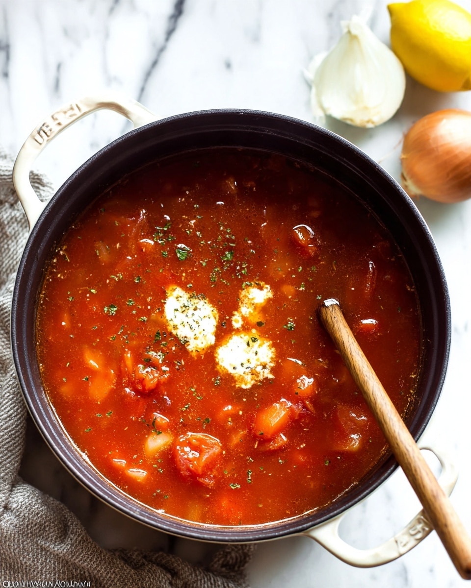 A black pot with white handles filled with a thick red tomato soup that has whole peeled tomatoes, small chunks of onions, and small green herbs floating in it. In the center, there are two small dollops of white cream partially stirred in. A wooden spoon with a light brown handle rests inside the pot on the right side. The pot sits on a white marbled surface with a halved yellow lemon and a whole onion slightly blurred in the top right corner, and a soft light gray and white striped cloth near the bottom left corner. Photo taken with an iphone --ar 4:5 --v 7