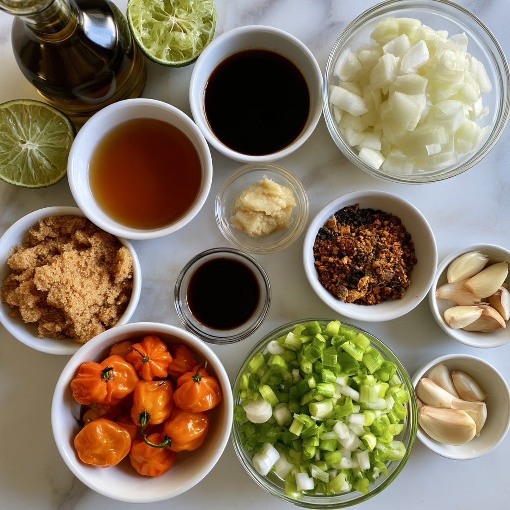 A top view of a white marbled surface holds different clear and white bowls arranged in a loose circle. At the top right, a glass bowl is filled with white chopped onions. To the left, a clear glass bottle with dark olive oil stands behind two lime halves, one showing green skin, the other light green inside. Below the limes is a white bowl with amber-colored vinegar. To its right is a small clear glass bowl with very dark soy sauce. Below the vinegar lies a small clear bowl of pale ginger paste, next to a white bowl with mixed brown and black spices. To the right is a white bowl filled with light to dark brown sugar. In the lower left, a white bowl contains whole orange scotch bonnets (or habaneros). Below and slightly right of the brown sugar bowl is a clear bowl filled with bright green and white chopped green onions. Below that are two small white bowls holding whole garlic cloves. The ingredients are well spaced, with warm and earthy tones standing out against the white marbled surface. photo taken with an iphone --ar 4:5 --v 7