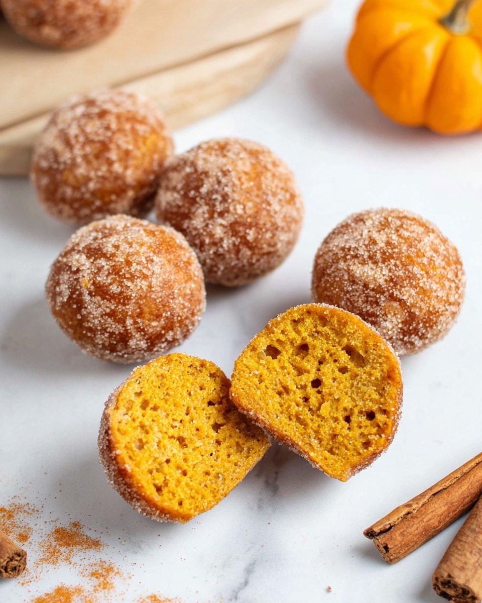 The image shows five round pumpkin doughnut holes with a rough sugar coating, light orange in color with a slightly grainy outside texture. One doughnut hole is cut in half, revealing a soft, airy, bright orange inside with small holes throughout. They are placed on a white marbled surface, along with whole cinnamon sticks and part of a small orange pumpkin visible on the right side. Photo taken with an iphone --ar 4:5 --v 7