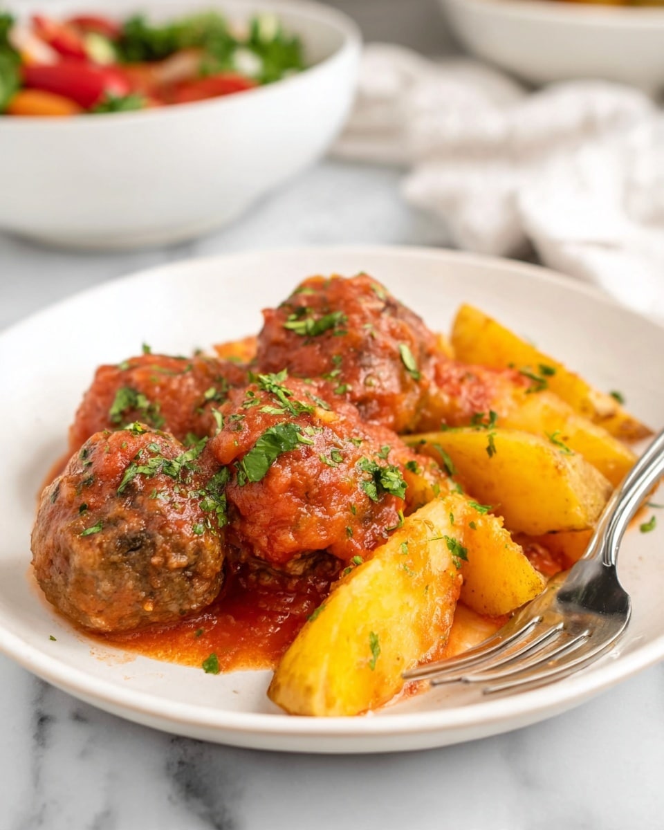 A white rectangular baking dish filled with a cooked dish of meatballs and potato wedges in a thick red sauce. There are about 10 meatballs, dark brown and slightly crispy on the outside, mixed evenly with golden-yellow potato wedges that have some green herbs sprinkled on them. The sauce coats everything and has a rich, chunky texture with bits of tomato visible. The sides of the dish have a dark brown, slightly burnt residue from baking. A silver spoon rests inside the dish, partly submerged in the food. The dish sits on a white marbled surface. photo taken with an iphone --ar 4:5 --v 7