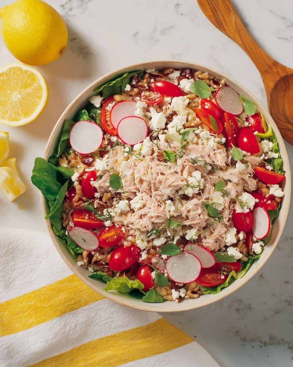 A white bowl filled with a colorful salad that has several layers. The bottom layer is made of green leafy lettuce and whole wheat grains, topped with scattered dark brown nuts. On top of that are slices of red cherry tomatoes and thin, round slices of pale pink radish. There are also clumps of pale beige shredded tuna and small white crumbles of cheese spread evenly across the salad. The salad is garnished with small green herb leaves. Around the bowl, there is a white marbled surface with a lemon wedge, a wooden spoon, and a white cloth with yellow stripes. Photo taken with an iphone --ar 4:5 --v 7
