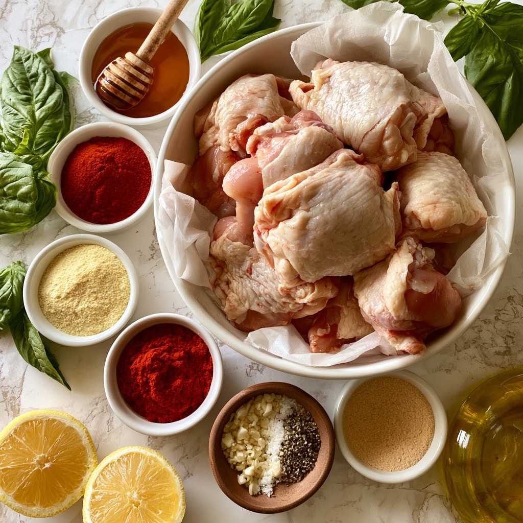 The image shows a white bowl filled with raw chicken thighs cut into pieces, lined with parchment paper and placed on a white marbled textured surface. Surrounding the bowl are fresh basil leaves bright green in color, two lemon halves showing the juicy yellow inside at the bottom left, and several small white dishes containing different spices and ingredients: amber honey with a wooden dipper, bright red smoked paprika powder, light yellow onion powder, minced fresh garlic in a brown bowl, light brown garlic powder, and a small bowl with a mix of salt and black pepper. There is also a clear glass container of golden olive oil at the bottom right. The ingredients are neatly arranged and labeled with simple text. photo taken with an iphone --ar 4:5 --v 7