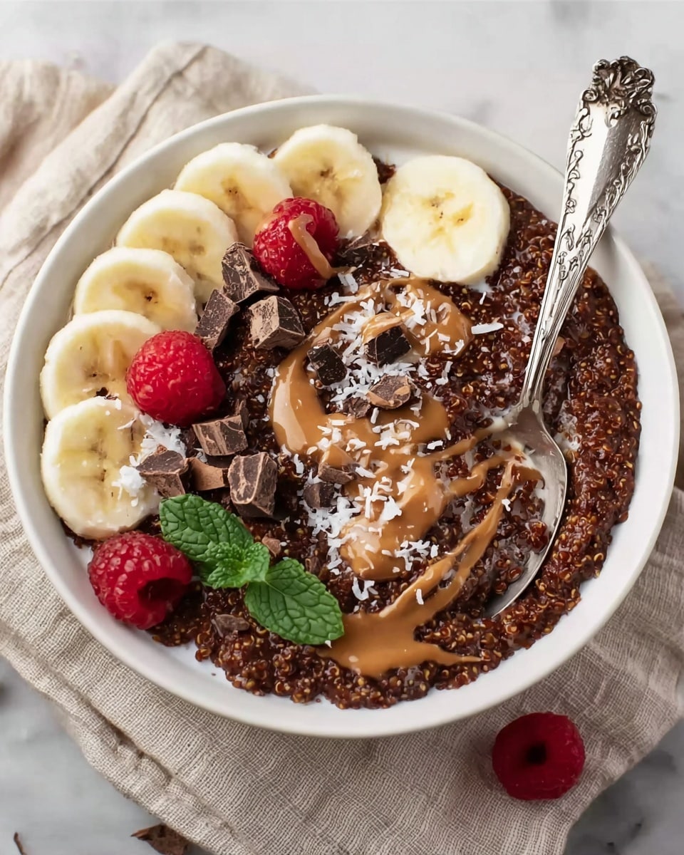 A white bowl filled with a thick layer of cooked chocolate quinoa topped with a ring of evenly spaced pale yellow banana slices on one side. Next to the bananas, there are three dark chocolate squares placed over the quinoa, drizzled with a light brown peanut butter sauce. A single red raspberry and two fresh green mint leaves sit near the chocolate. The quinoa in the center is soaked with a small pool of white milk. The bowl is placed on a beige cloth with a silver spoon on the side against a white marbled surface. Photo taken with an iphone --ar 4:5 --v 7