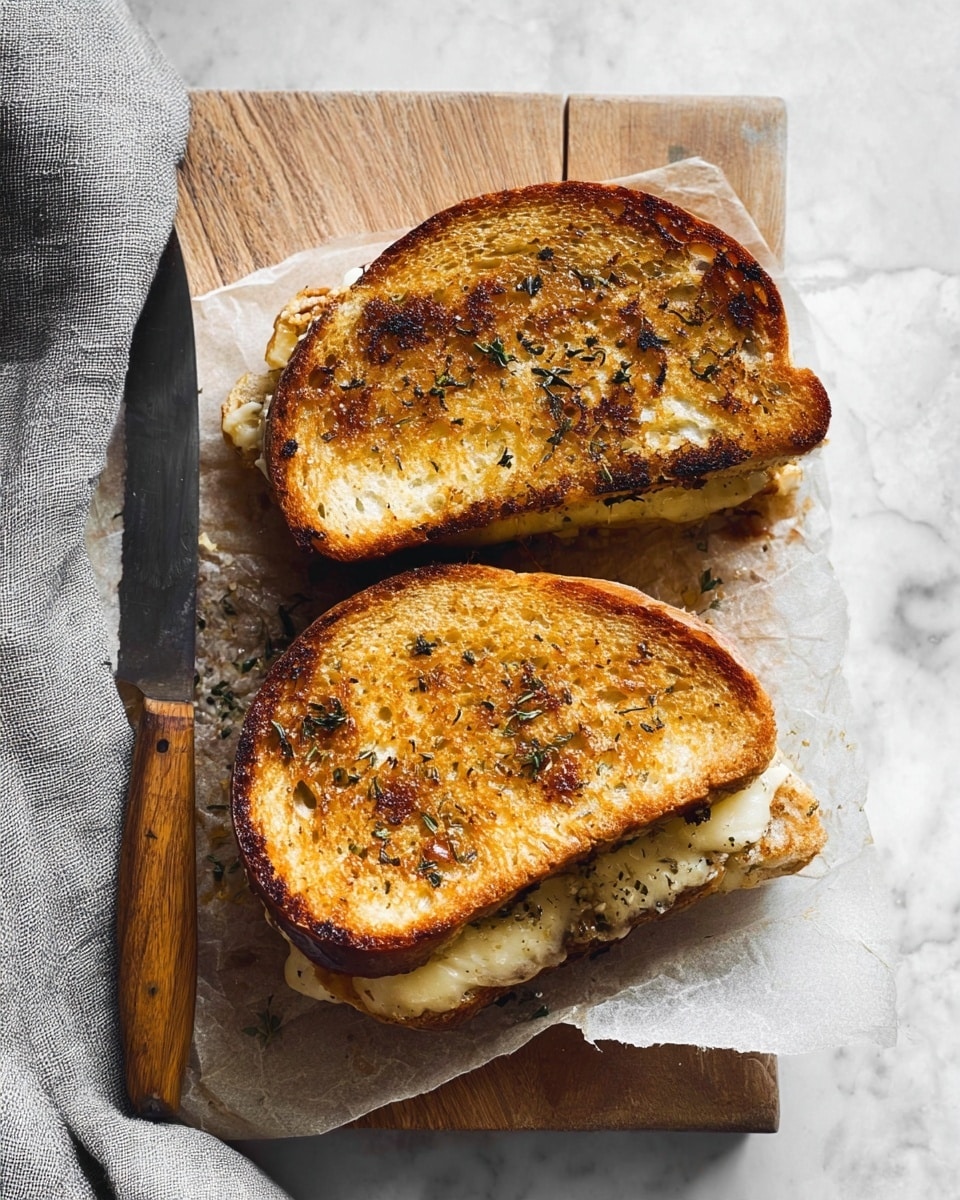 Two grilled cheese sandwiches with golden-brown toasted bread, showing a crispy texture with small burnt spots and flecks of herbs on the top layer. Between the toasted bread slices, melted creamy cheese slightly oozes out along the edges. The sandwiches rest on a sheet of parchment paper placed on a wooden cutting board. A knife with a wooden handle lies diagonally next to the sandwiches, and part of a soft grey cloth is visible to the left. The background is a white marbled surface. photo taken with an iphone --ar 4:5 --v 7