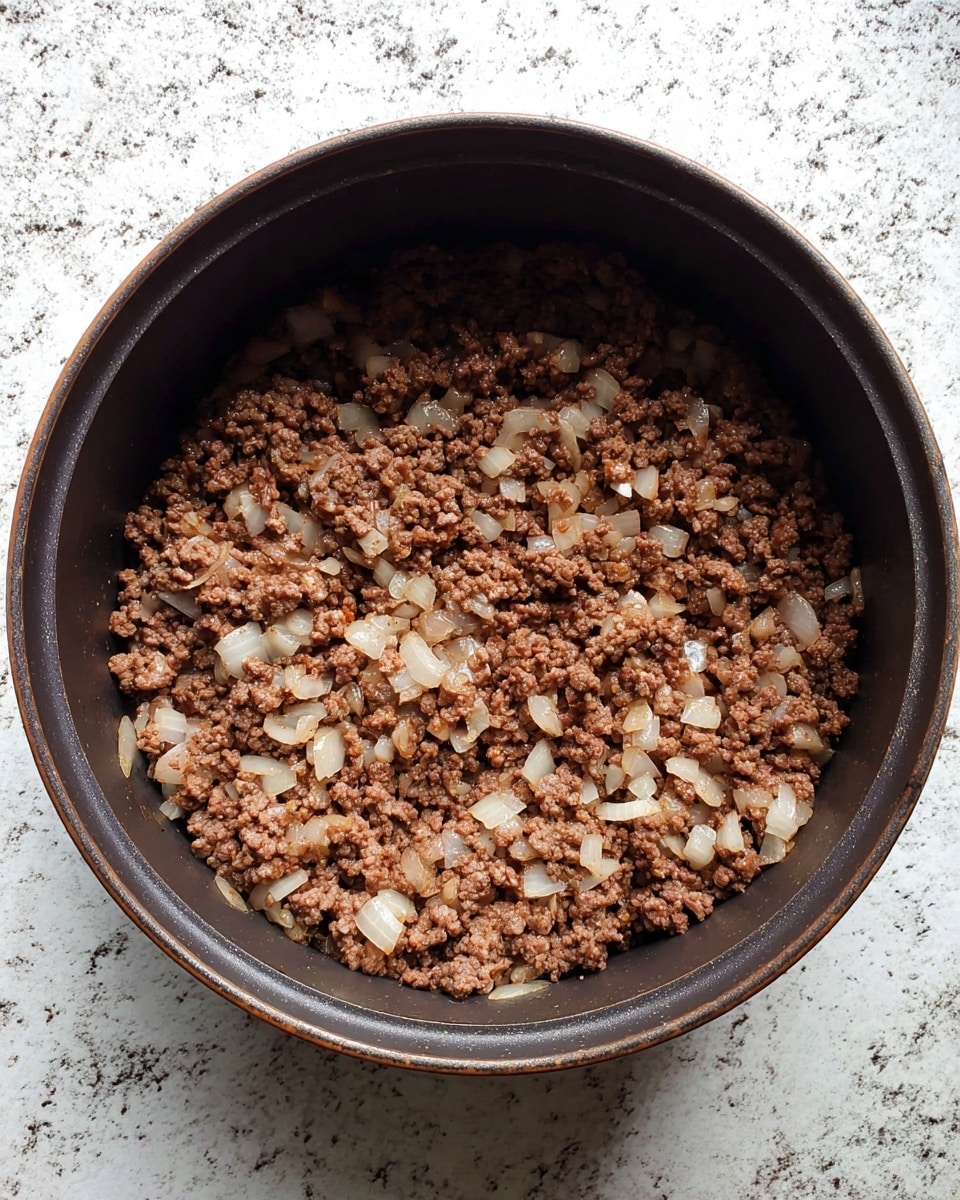 A top view of a single layer of cooked ground beef mixed with small pieces of translucent cooked onions inside a dark cooking pot, the browned beef and onions evenly spread across the bottom of the pot. The pot is set on a white marbled textured surface. photo taken with an iphone --ar 4:5 --v 7