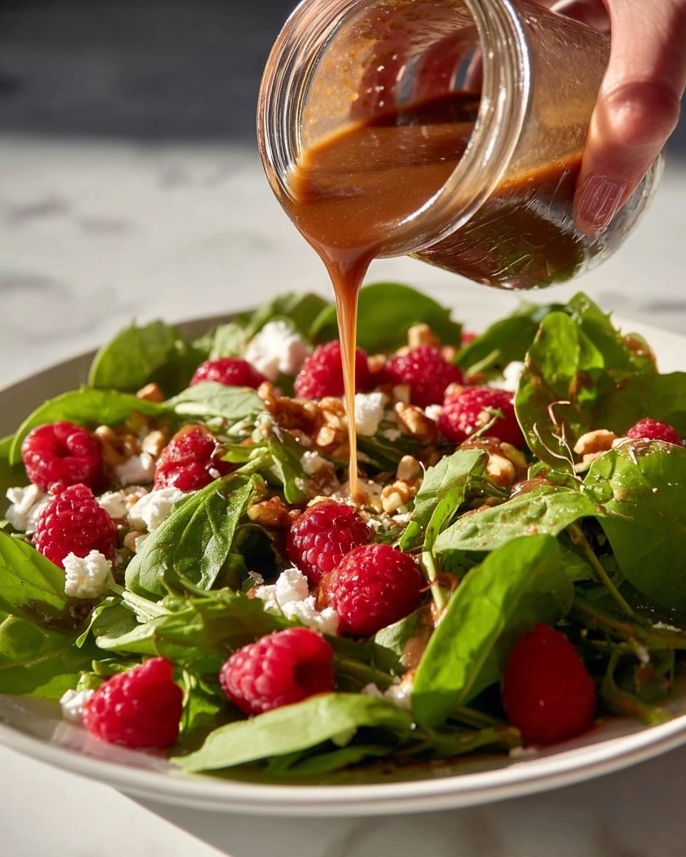 A close-up shows a woman’s hand pouring a thick, brown dressing from a small clear glass jar onto a fresh salad. The salad has a mix of bright green leaves like spinach and arugula as the base layer, scattered red raspberries that add bright pops of color, white crumbled cheese pieces, and pieces of light brown walnuts. The ingredients sit on a white plate against a white marbled background. The sunlight highlights the textures and colors of the salad and the dressing flowing smoothly from the jar photo taken with an iphone --ar 4:5 --v 7