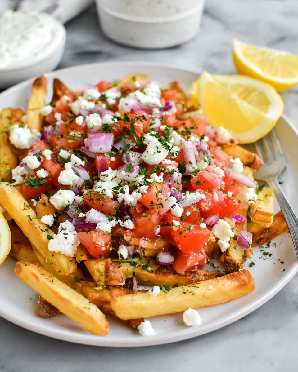 A plate shows a stack of golden-brown fries with some skin on, placed randomly in the center. On top, there are scattered small bright red tomato chunks, pieces of white cheese, and small purple onion cubes. Small green herb bits are sprinkled lightly over everything. A wedge of bright yellow lemon is at the bottom right of the plate, and there is a silver-colored fork near it. The plate is white with a rough matte texture and sits on a white marbled surface. Photo taken with an iphone --ar 4:5 --v 7