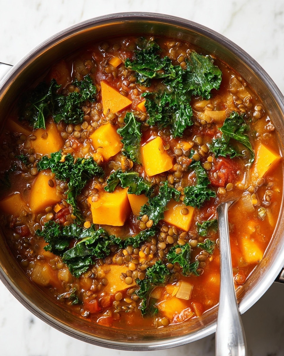 A close-up view of a silver metal pot filled with a thick stew showing three main layers: at the bottom, small brown lentils create a dense texture, above them, large chunks of bright orange butternut squash pieces are spread throughout, and dark green leafy kale leaves sit on top, with some partially submerged in the orangish-red broth. The broth looks smooth and slightly shiny with visible tiny chopped carrots and bits of onions scattered evenly. A metal spoon is partially submerged on the right side of the pot. The pot is placed on a white marbled surface. Photo taken with an iphone --ar 4:5 --v 7