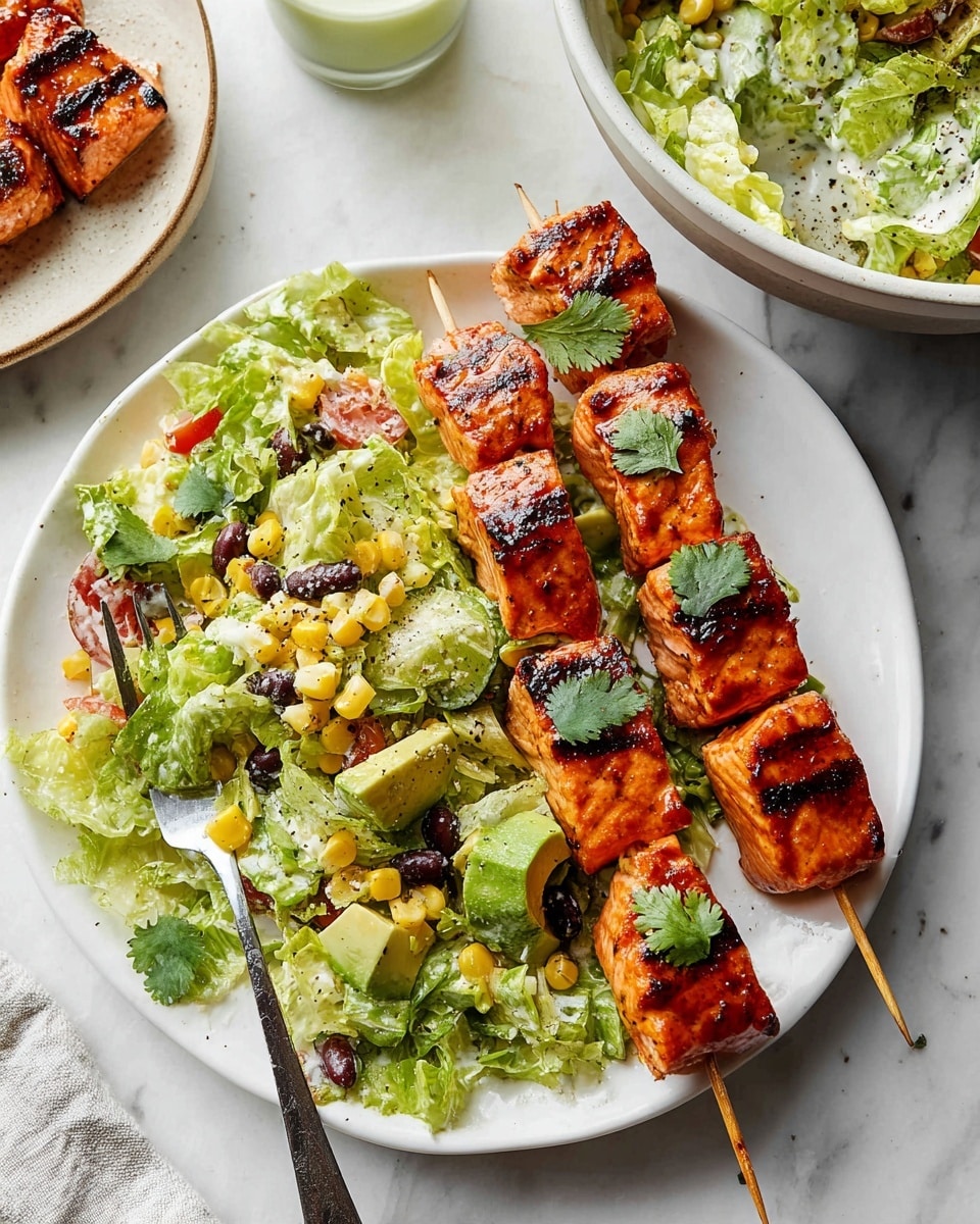 Two white plates sit on a white marbled surface, each containing two grilled skewers of orange-brown glazed chicken with grill marks, placed on the left side of the plate and topped with green cilantro leaves. To the right of the chicken skewers, a mixed salad fills the rest of the plate, made of light green lettuce, yellow grilled corn pieces, green avocado chunks, black beans, and red tomato slices, all slightly coated with creamy dressing and sprinkled with black pepper. Each plate has a silver fork resting on the edge near the salad. On the top right side of the image, there is a small white pitcher filled with a pale green creamy sauce garnished with fresh dill. Fresh cilantro sprigs are scattered around the plates, and a white cloth with black stripes is partially visible in the bottom left corner. Photo taken with an iphone --ar 4:5 --v 7