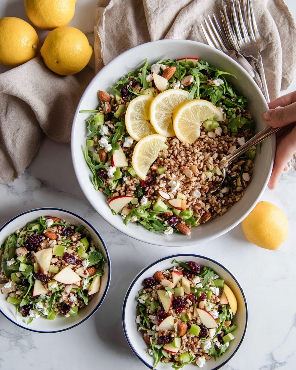 A large white bowl filled with a layered salad where the bottom layer is a mix of green leafy vegetables like arugula, topped with light brown cooked grains, bright red apple chunks, and light green celery pieces; scattered on top are whole brown almonds, dried dark red cranberries, and small white crumbles of cheese; the salad is garnished with two yellow lemon wedges placed on top. Around it are two smaller white bowls with blue rims, each containing the same salad mix topped with one lemon wedge. The bowls are set on a white marbled surface, and there are whole yellow lemons and a beige cloth with silver forks placed nearby. In the large bowl, a woman's hand is holding a spoon in the top left. photo taken with an iphone --ar 4:5 --v 7