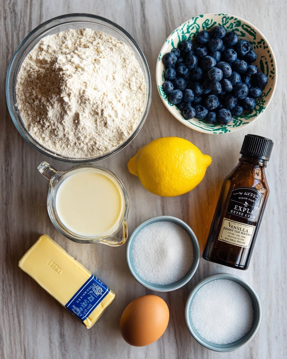 The image shows a top view of various baking ingredients arranged neatly on a white marbled surface. On the left, there is a large clear glass bowl filled with white flour that has a slightly lumpy texture. Above and to the right of the flour bowl, a small white bowl with a green pattern holds many fresh, plump blueberries that are deep blue with a powdery surface. Below the blueberries, there is a shiny yellow lemon sitting next to a small clear glass measuring cup filled halfway with creamy white milk. To the right of the lemon, there is a brown glass bottle labeled