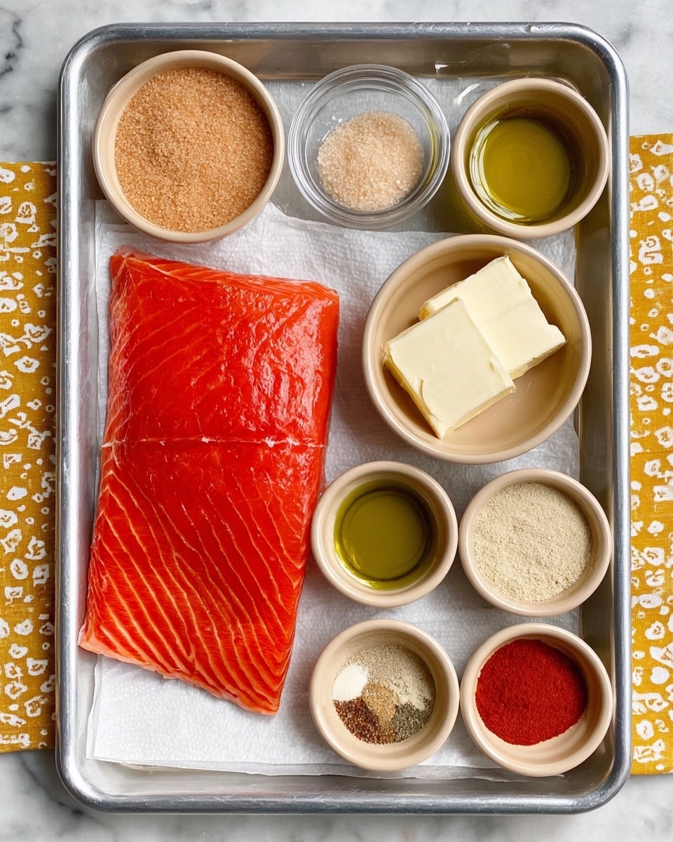 A rectangular metal tray holds two sections: on the left, a large, bright orange-red piece of salmon with visible texture and light lines across its surface, resting on a white paper inside a clear plastic container; on the right, six small beige bowls arranged in a scattered pattern. The top bowl contains light brown sugar with a fine crumbly texture; below it, a bowl with two slices of pale yellow butter; next to butter, a bowl with shiny greenish-gold olive oil. Below these are three smaller bowls in a row: one with bright red paprika powder, one with light beige onion powder with a smooth texture, and the last with slightly darker beige garlic powder, also smooth in texture. The tray sits on a white marbled surface with a yellow and white patterned cloth partly visible around the edges. photo taken with an iphone --ar 4:5 --v 7