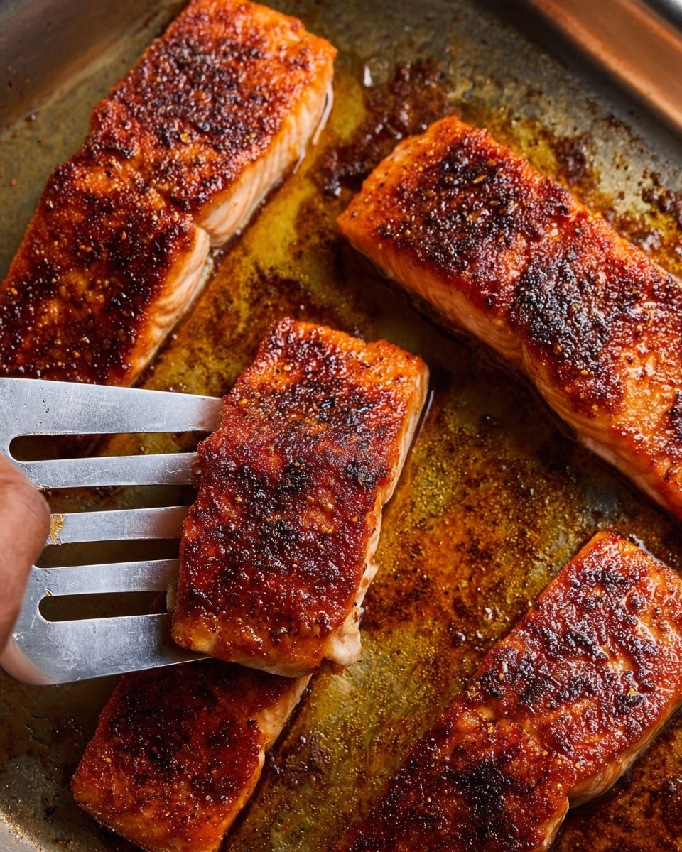 The image shows up to four pieces of salmon fillets in a metal pan, each piece with a shiny, reddish brown cooked surface that looks crispy and well-spiced. The fillets have a textured, slightly charred crust on top. One of the fillets is being held and turned by a metal spatula with a woman's hand partly visible gripping it. The pan surface underneath the fillets looks oily and dark with cooked residue, showing a rustic cooking scene. photo taken with an iphone --ar 4:5 --v 7