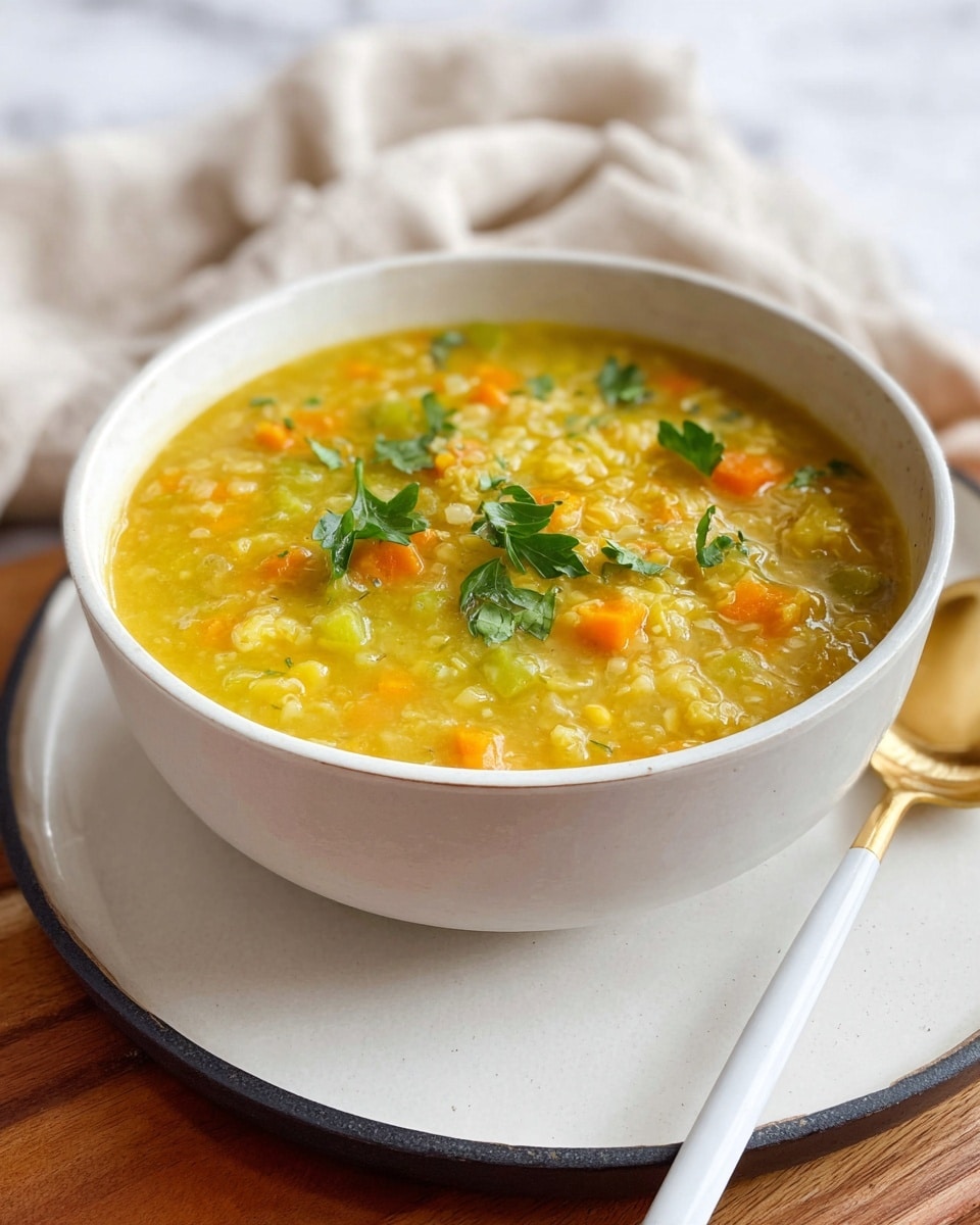 A white bowl filled with thick yellow soup showing small chunks of orange carrots, light green celery, and grains or barley throughout, topped with scattered fresh green parsley leaves. The bowl sits on top of a white plate with a dark rim, placed on a wooden surface. A gold spoon with a silver handle is resting beside the bowl, and a soft, light-colored cloth is in the blurred background, all against a white marbled textured surface. photo taken with an iphone --ar 4:5 --v 7