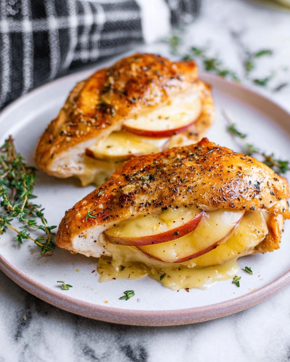 Two cooked golden brown chicken patties sit side by side on a round white plate with ridged edges. Each patty is layered with thin slices of red apple and creamy melted pale-yellow cheese inside. Small fresh green thyme sprigs and a few drops of honey or syrup are drizzled over the patties and plate, adding shine and texture. In the background, some apple slices are slightly out of focus against a white marbled surface. A white and gray striped cloth is partially visible near the lower edge of the plate. photo taken with an iphone --ar 4:5 --v 7