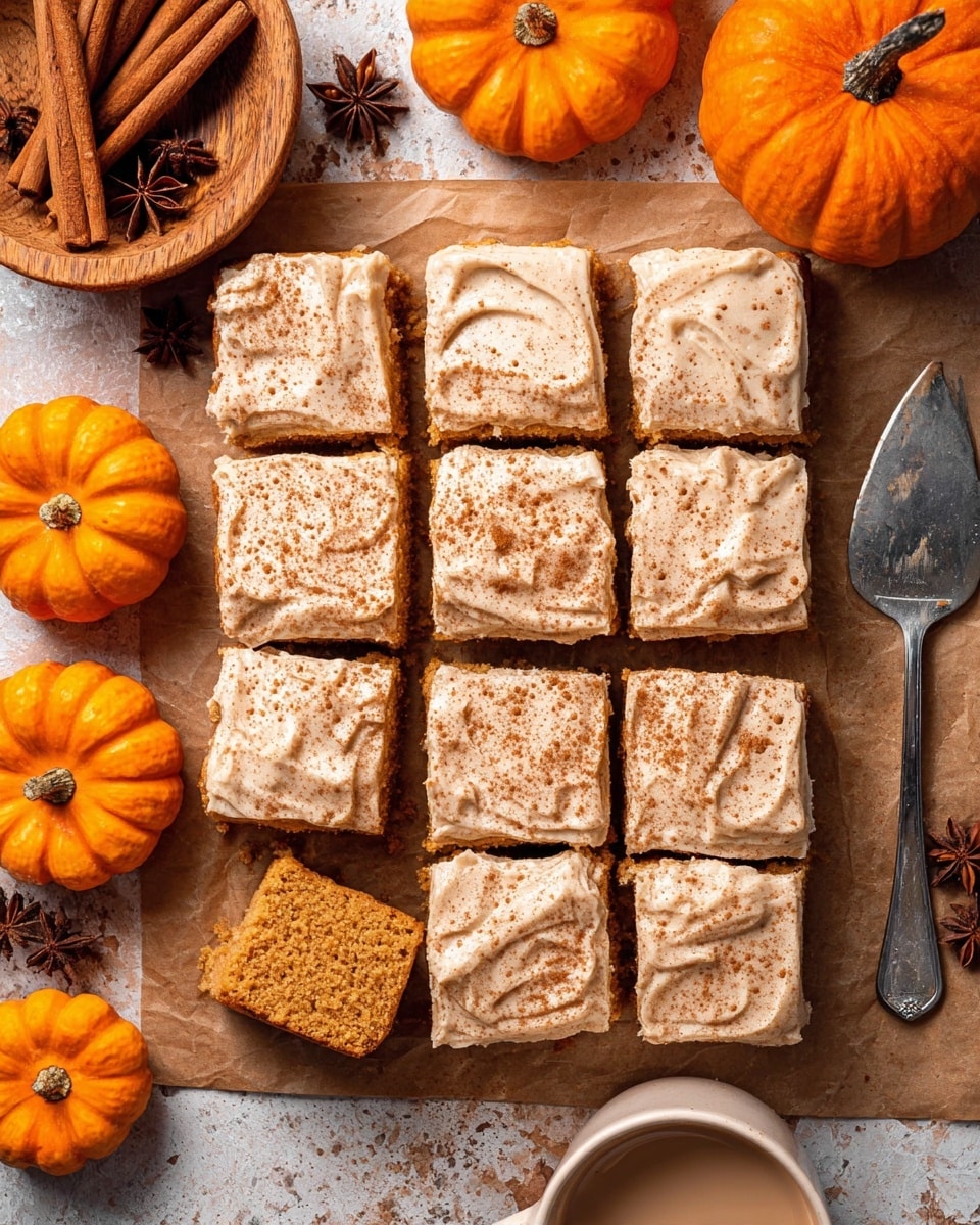 The image shows a square batch of pumpkin cake cut into 12 pieces, each topped with a thick, creamy layer of light beige frosting sprinkled with fine brown cinnamon powder. The cake has a soft, crumbly texture and a warm orange color inside. The cake squares are placed on brown parchment paper over a white marbled surface. Around the cake, there are small orange pumpkins with a smooth, shiny texture, a wooden bowl filled with cinnamon sticks and star anise, and a cup of beige-colored beverage. A silver cake server rests nearby. The overall look is warm and cozy, with autumn colors. photo taken with an iphone --ar 4:5 --v 7