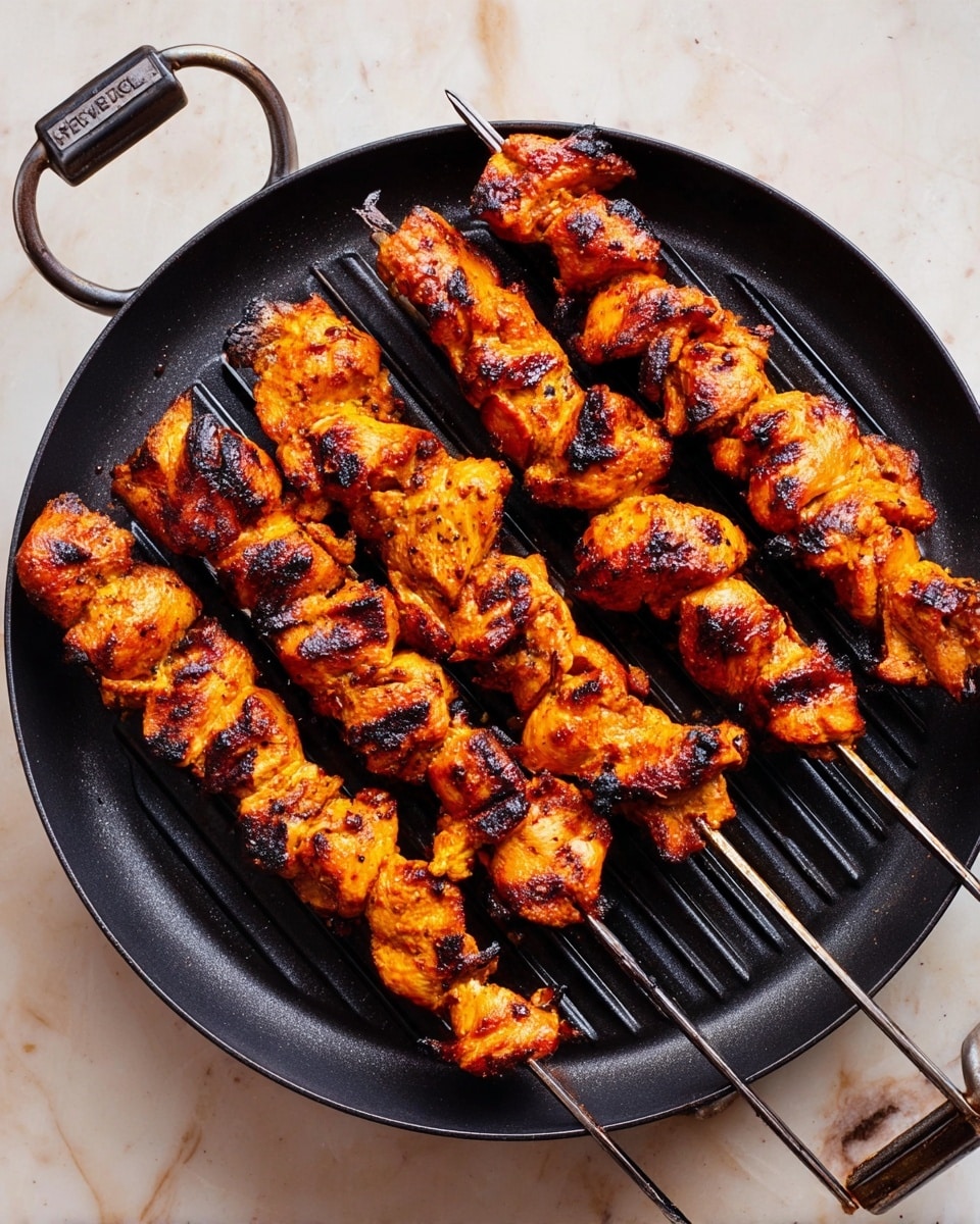 The image shows five metal skewers with cooked pieces of chicken on a black round grill pan with two handles. Each skewer holds roughly ten unevenly shaped chunks of chicken, with a bright orange color and dark brown grill marks visible on the surface, indicating a charred texture. The chicken looks moist with crispy edges, and the pan’s ridged surface is visible between the skewers. The pan is set on a white marbled surface. photo taken with an iphone --ar 4:5 --v 7