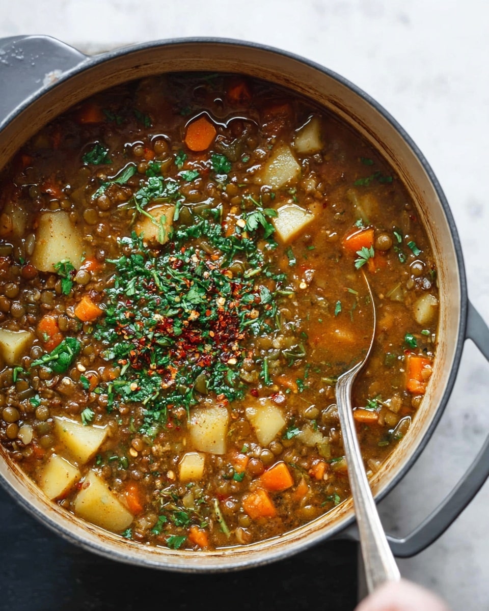 A close-up view of a deep white cooking pot filled with a thick stew made of brown lentils, green leafy herbs, orange carrot cubes, and pale yellow potato pieces in a rich brown broth, with some visible spices floating on top; the pot rim has some brown stains, and a person wearing a blue floral shirt stands blurred in the background over a white marbled surface. photo taken with an iphone --ar 4:5 --v 7