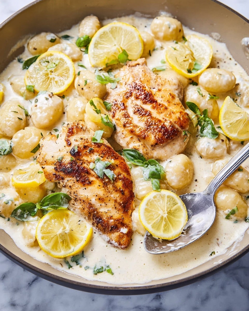 The dish shows two golden-brown grilled chicken pieces with visible grill marks, placed on top of a creamy white sauce with gnocchi that look light beige and soft. Around the chicken, there are thin, bright yellow lemon slices placed evenly on the creamy sauce. Small green herb pieces, likely basil, are scattered over the chicken and sauce, adding a fresh pop of color. A silver spoon lies partially under one chicken piece, and the whole meal is served in a white marbled pan. The background is a white marbled texture. photo taken with an iphone --ar 4:5 --v 7