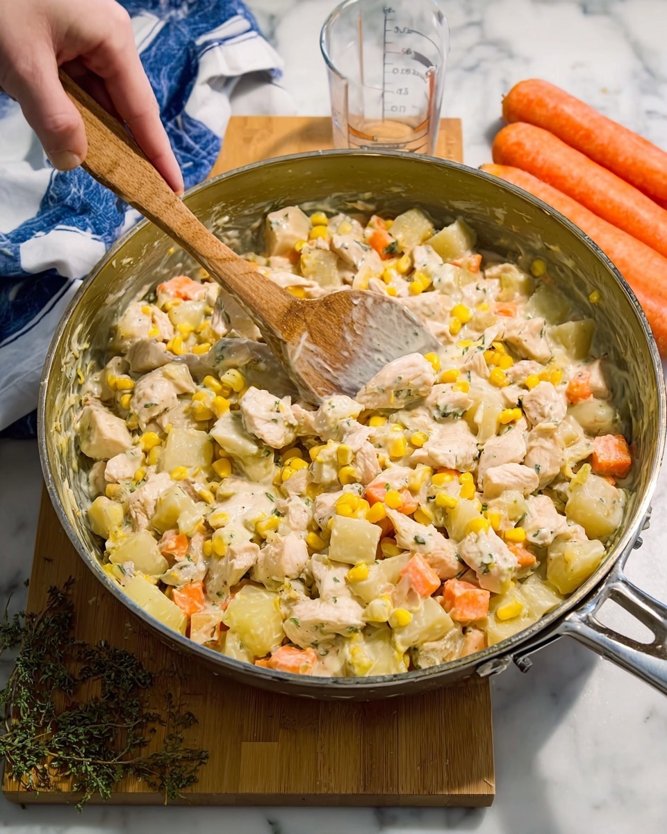 A close-up view of a metal pan filled with a creamy dish that has multiple layers of diced light-colored chicken pieces, small yellow corn kernels, small white potato cubes, and small orange carrot cubes all mixed in a thick light cream sauce with visible herbs. A woman's hand is stirring the mixture with a wooden spatula that is coated with the creamy sauce. The pan is placed on a wooden cutting board, with two whole peeled carrots and some green herbs placed around it. The background is a white marbled surface with a blue-and-white kitchen towel and a glass measuring cup visible. photo taken with an iphone --ar 4:5 --v 7