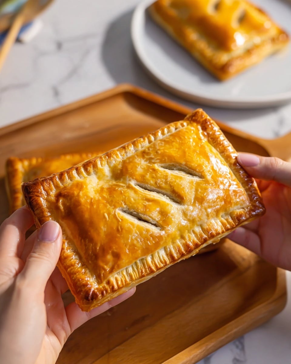 A golden brown rectangular pastry with a shiny, crisp crust held by two woman's hands, one on each side. The pastry shows three small diagonal slits in the center, with a border pressed down using a fork, creating small ridges all around the edges. The background is a warm wooden tray on a white marbled surface, with another similar pastry slightly blurred in the distance on a white plate. Photo taken with an iphone --ar 4:5 --v 7