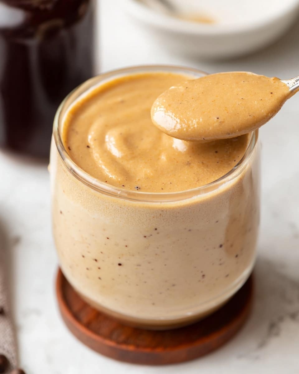 A close-up view of a glass filled with a thick, creamy light brown mixture with visible fine specks inside it on top. A spoon with the same creamy mixture rests at the top right edge of the glass, showing its smooth and thick texture. The glass sits on a brown coaster, placed on a white marbled surface. Blurred objects in the background include a dark bottle and a white dish. The focus is on the creamy mixture and the spoon, giving a smooth, rich visual impression. photo taken with an iphone --ar 4:5 --v 7