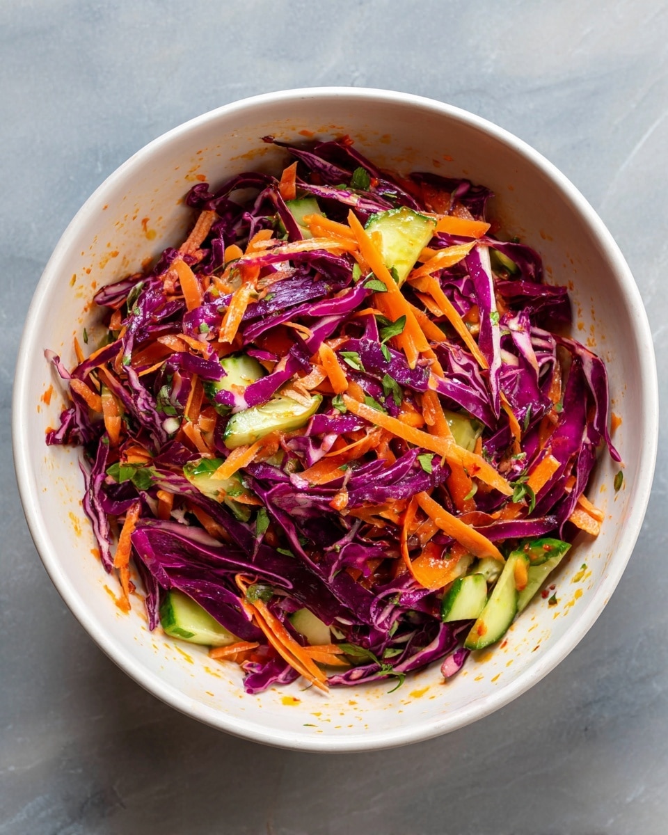 A white bowl filled with a colorful salad, showing thin long strips of deep purple cabbage mixed with bright orange shredded carrots and small green cucumber pieces cut into short sticks, all sprinkled evenly with small green herb leaves. The inside wall of the bowl has a few bits of orange from the dressing, and the bowl is set against a white marbled surface. photo taken with an iphone --ar 4:5 --v 7