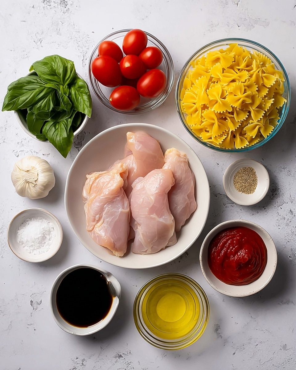 The image shows several ingredients placed on a white marbled surface. In the center, there is a white bowl filled with four raw chicken pieces of light pink and pale beige color. To the top right, a white bowl contains bright yellow uncooked bowtie pasta with a firm texture. Next to it is a clear glass bowl holding six fresh red plum tomatoes with smooth skins. Above the chicken is a small white bowl filled with fresh dark green basil leaves that look vibrant and leafy. Around these main items, there are smaller white bowls holding different ingredients: a white bowl with coarse white salt, a bowl with dark brown balsamic vinegar, a bowl with golden yellow olive oil, a bowl with bright red tomato paste, and a whole garlic bulb on the marbled surface near the top left. The arrangement is neat and clean, with each item clearly visible. photo taken with an iphone --ar 4:5 --v 7