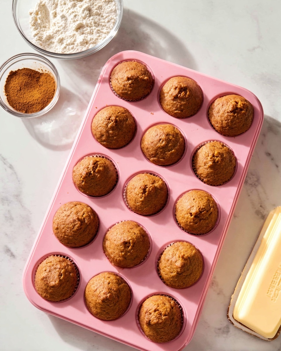 A pink silicone muffin tray holds 20 small, round muffins with a light brown color and slightly cracked tops, each muffin rising above the tray edges with a soft, uneven texture. The tray sits on a white marbled surface. Above and slightly to the left of the tray, there is a glass bowl filled with white flour and a small clear bowl containing cinnamon powder. On the right side of the image, part of a stick of yellow butter wrapped in paper is visible. The scene is bright with natural light and softly shadowed edges photo taken with an iphone --ar 4:5 --v 7