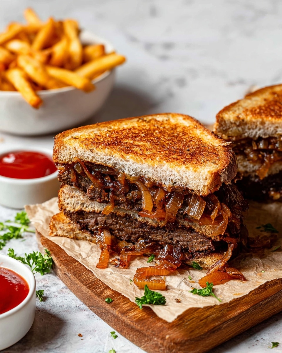 A sandwich is shown with two layers of toasted golden brown bread on the top and bottom. Between the bread layers, there is a thick, dark brown cooked beef patty with a rough texture. On top of the beef, there are cooked caramelized onions in golden brown and amber colors, some spilling out onto the brown parchment paper underneath. The sandwich is placed on the parchment paper on a wooden board with a green parsley garnish nearby. In the background to the left, there is a white bowl filled with golden French fries and a small white bowl of bright red ketchup. The surface beneath everything is a white marbled texture. Photo taken with an iphone --ar 4:5 --v 7