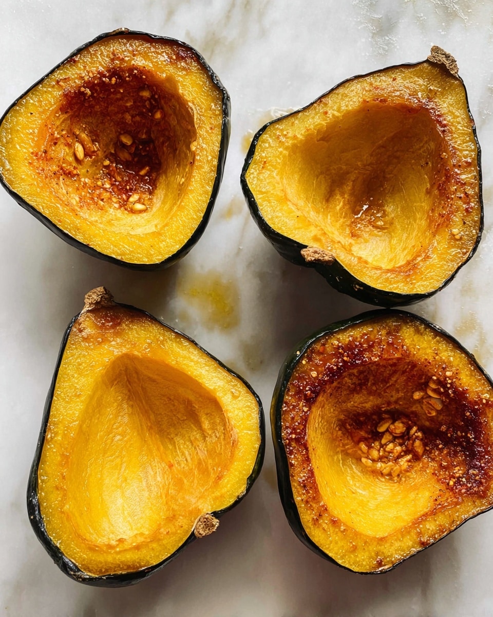 Four roasted acorn squash halves are placed cut side up on a white marbled surface. Each half has a golden yellow flesh with a slightly browned, caramelized top layer, showing a soft texture with some visible roasted seeds and seasoning. The outer skin is dark green and provides a strong contrast to the bright yellow inside. The surface around the squash has light traces of oil and seasoning drips. photo taken with an iphone --ar 4:5 --v 7
